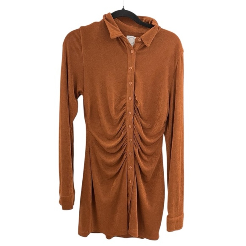 WITH JEAN Andy Dress Ling Sleeves Slinky Material Ruched Button-Up Size Medium